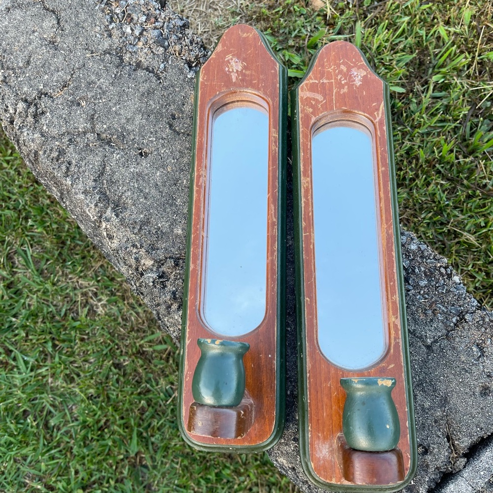 Vintage Pair of Wooden Wall Sconces Candle Holder Mirrors with Green Accents